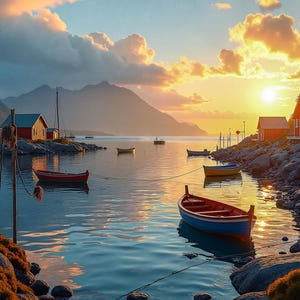 Nordic Village Under the Midnight Sun - Hyper-realistic Painting Calm Seaside Landscape, print on canvas or poster