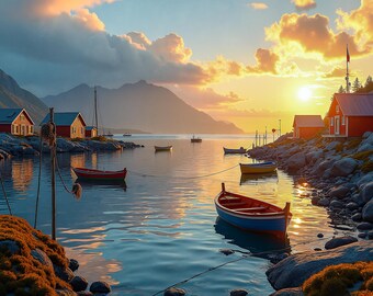 Nordic Village Under the Midnight Sun, Hyper-realistic Painting of a Calm Seaside Landscape, canvas print, or poster