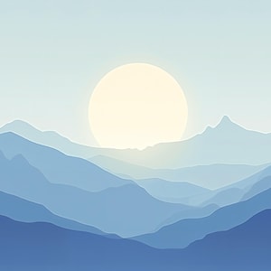 Creación minimalista de sierra con estética zen. Gris, azul, arte de la pared del sol naciente, decoración de montaña para la sala de meditación