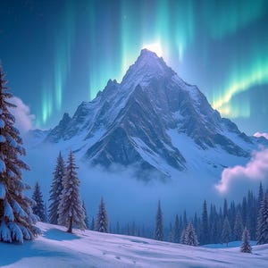 Gemälde oder Poster Ätherische Landschaft: Schneebedeckter Gipfel unter magischen Nordlichtern, traumhafte nächtliche Dekoration, farbenfrohe Himmelswanddekoration
