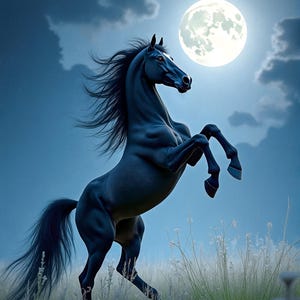 Dipinto decorativo o poster di uno stallone nero allevato sotto la luna, luce eterea, ombre e luci, atmosfera potente, serenità notturna