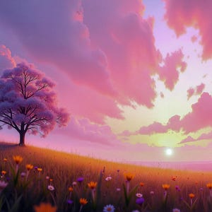 Dipinto o poster Paesaggio sereno: prato al tramonto con cielo pastello vorticoso, opera d'arte paesaggistica, arte murale colorata