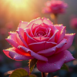 Pintura de rosa y rocío de la mañana - Flor en el amanecer brillante - Decoración etérea de la pared de la naturaleza, símbolo floral del amor apasionado, arte floral colorido