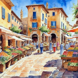 Mediterranes Marktgemälde, Dorf in der Sonne Poster, Lebhafte Straße Aquarell, Blumenstände, Sommer Wandkunst, Südländisches Dekor