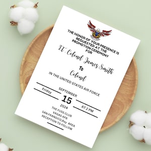 Invitation à une cérémonie de promotion militaire | Evite modifiable de l'Air Force | Modèle de célébration honorable
