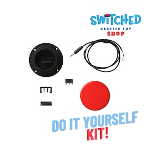 May include: A DIY kit for adapted toys, featuring a black circular component, a red button, and a black cable with a plug. The kit includes small black components and the text "DO IT YOURSELF KIT!" and "SWITCHED ADAPTED TOY SHOP".