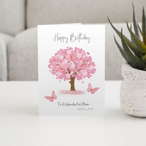 Carte d’anniversaire de maman, carte d’anniversaire de cerisier, carte de fleur de cerisier pour une maman merveilleuse, carte d’anniversaire pour maman, maman de joyeux anniversaire, papillon