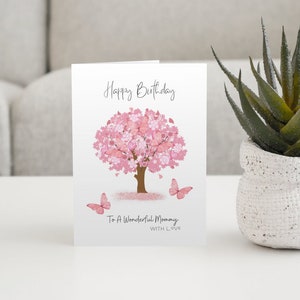Carte d’anniversaire de maman, carte d’anniversaire de cerisier, carte de fleur de cerisier avec des papillons, carte d’anniversaire pour maman, maman de joyeux anniversaire