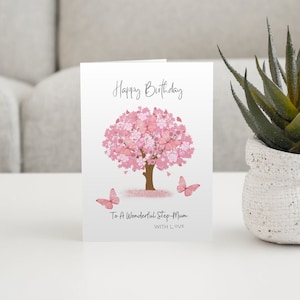 Biglietto d'auguri per la matrigna, biglietto d'auguri per l'albero di ciliegio, biglietto con fiori di ciliegio per una meravigliosa matrigna, biglietto d'auguri per la matrigna, buon compleanno