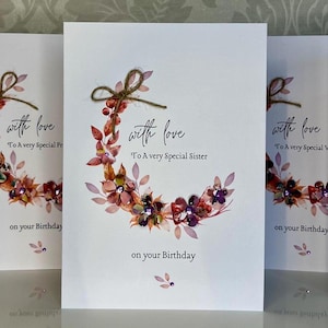Carte d'anniversaire de soeur. carte d'anniversaire d'âge de couronne d'automne. Carte d'anniversaire soeur faite main, fleurs 3D, pierres précieuses, noeud de ficelle, carte soeur spéciale