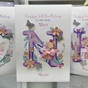 Carte de visite personnalisée pour 2e, 3e, 4e anniversaire, jolie carte, anniversaire de nièce, anniversaire de fille, anniversaire de fée, carte initiale N, 3D fait main