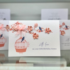 Personalised Cherry Blossom 30th Birthday Card, Handmade Card. Add a name, age or both! Decorated with 3d flowers, pearls and peach ribbon
