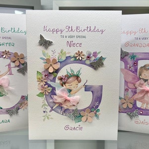 Personalised 3rd, 4th, 5th birthday name card, pretty card, Niece birthday, Daughter birthday, Fairy birthday, Initial G card, 3D Handmade
