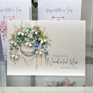 Handgemachte Muttertagskarte, Karte für Mama zum Muttertag. Romantische Muttertags Karte mit 3D Blumen & Edelsteinen. Aquarell Blumenampel