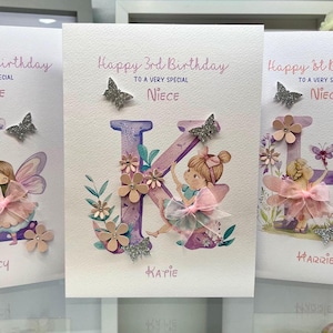Niece 3rd birthday card, pretty card, Personalised 3rd birthday, Daughter birthday, Fairy birthday, Initial card, Handmade Card, name card