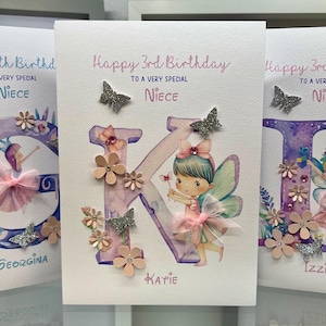 Personalised 3rd, 4th, 5th birthday name card, pretty card, Niece birthday, Daughter birthday, Fairy birthday, Initial K card, 3D Handmade
