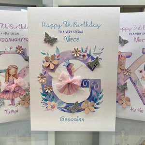 Carte de visite personnalisée pour 5, 6 et 7 ans, jolie carte, anniversaire de nièce, anniversaire de fille, anniversaire de fée, carte initiale, 3D fait main