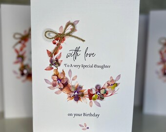 Daughter autumn wreath age birthday card  18th, 21st, 30th, 40th, any age,  Daughter birthday card, pretty card, 3d flowers, gems, twine,