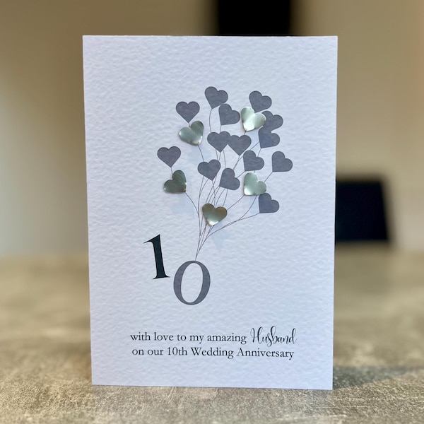 Real Tin Anniversary Card. Husband 10th Wedding Anniversary Card. Handmade Ten Year Anniversary Card. Handmade with Tin Hearts, Tin Year