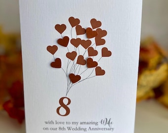 Wife Bronze Anniversary Card. 8th Wedding Anniversary Card. Handmade 8th Anniversary Card. 3d bronze colour Hearts, Wife Wedding Anniversary