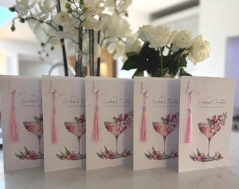 Daughter cocktail age birthday card  18th, 21st, 30th, 40th, any age,  Daughter birthday card, pretty card, gems, tassel, butterfly, add age