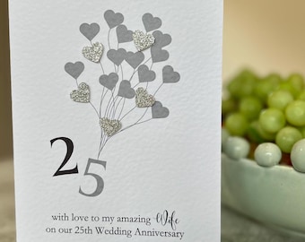 Wife Silver Anniversary Card. 25th Wedding Anniversary Card. Handmade Anniversary Card. 3d silver glitter Hearts, 25th Wedding Anniversary
