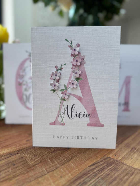 Personalised birthday name card, pretty card, Daughter birthday, Friend birthday, Sister birthday, Initial card, 3D Embelished, Handmade