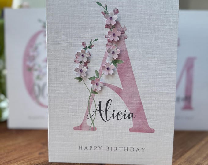 Personalised birthday name card, pretty card, Daughter birthday, Friend birthday, Sister birthday, Initial card, 3D Embelished, Handmade
