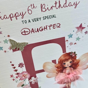 Carte 6e anniversaire fille, carte fée 6e anniversaire, carte 6e anniversaire personnalisée, carte fée décorée, n'importe quelle lettre, n'importe quelle relation.