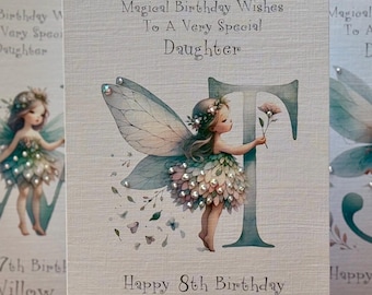 Personalised 5th, birthday name card, pretty card, Daughter birthday, Granddaughter birthday, 5th birthday, Initial card, 3D Handmade card