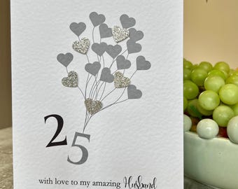 Husband Silver Anniversary Card. 25th Wedding Anniversary Card. Handmade Anniversary Card. 3d silver glitter Hearts, Wedding Anniversary