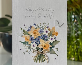 Tarjeta del Día de la Madre, abuela, Nana, esposa, tarjeta hecha a mano del Día de la Madre, flores de primavera con narcisos, tarjeta personalizada del Día de la Madre.