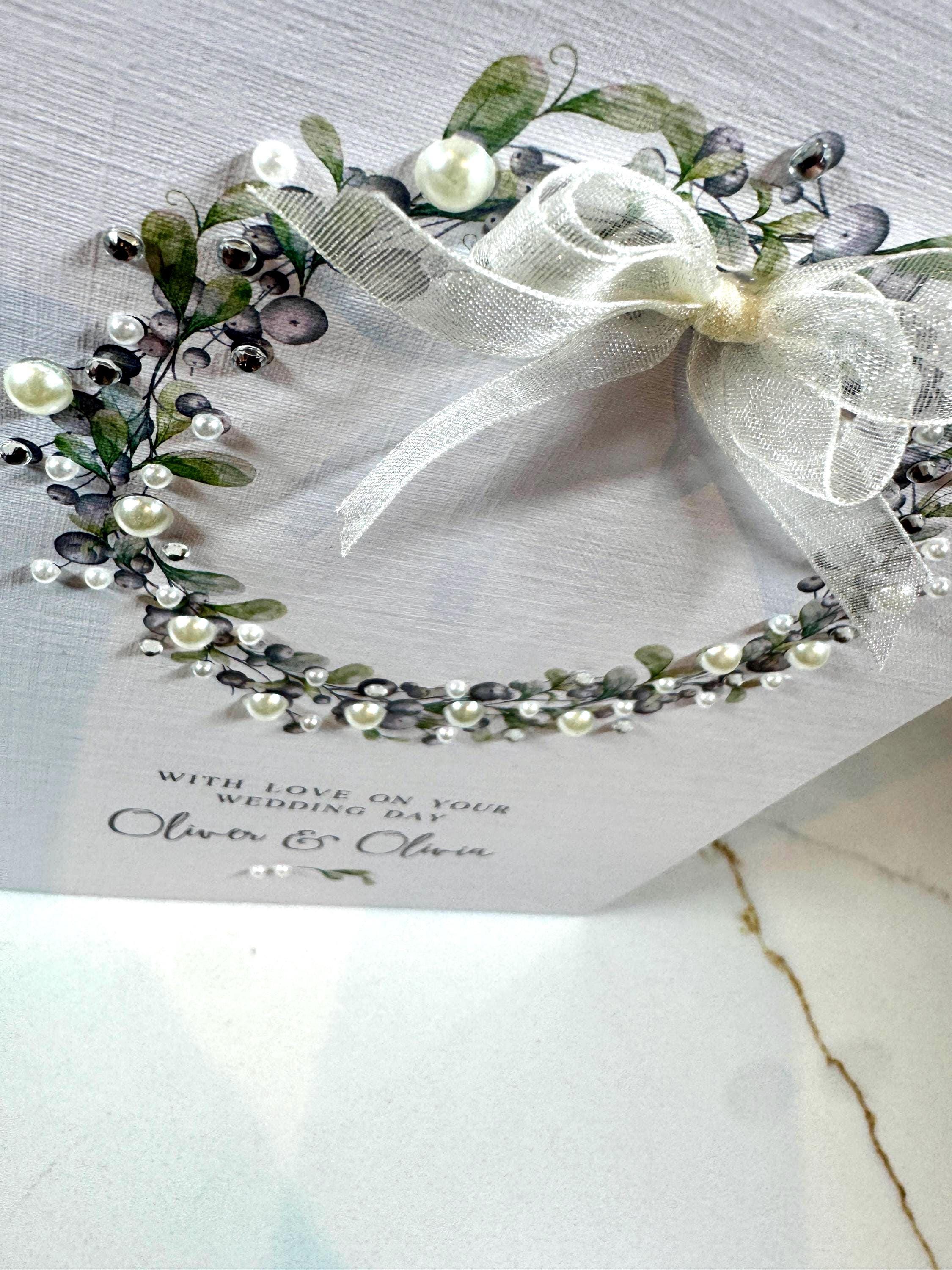 Handmade Personalised Wedding Card With Pearls & Silver Gems Finished ...