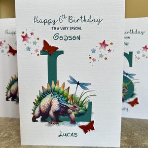 Filleul 6e anniversaire carte, 6e anniversaire dinosaure carte, 2e, 3e carte d'anniversaire personnalisée, carte dinosaure décorée, n'importe quelle lettre, n'importe quelle relation