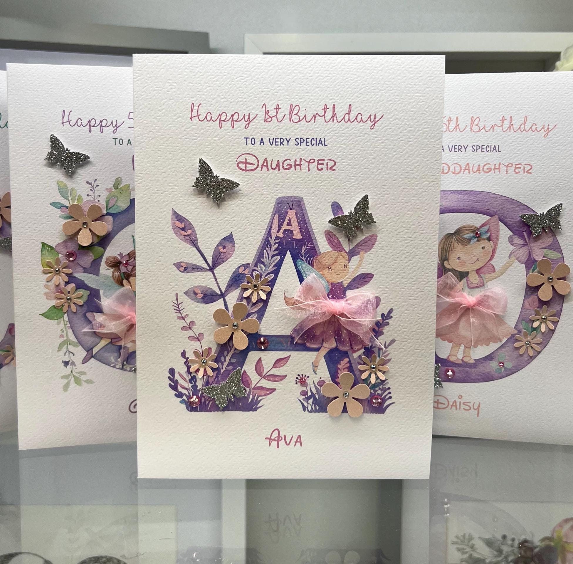 Personalised 1st, birthday name card, pretty card, Daughter birthday, Granddaughter birthday, 1st birthday, Initial card, 3D Handmade card