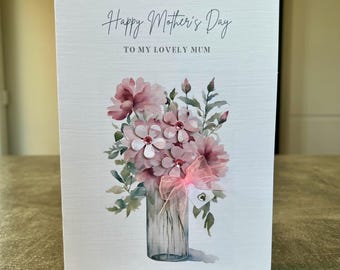 Moederdagkaart, speciale Moederdagkaart met roze bloemen, strik en cadeaukaartje, delicate kaart, luxe Moederdagkaart, bloemen, mamakaart