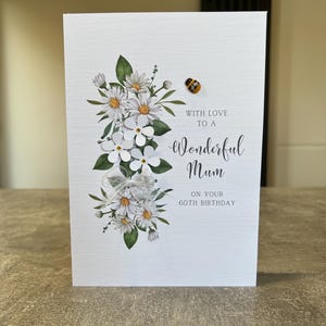 60th Mum Birthday Card, wonderful Mum Card, sixtieth Birthday Mum, Handmade 60th Card for Mum with a wooden bee & 3d flowers. Mummy, Mom