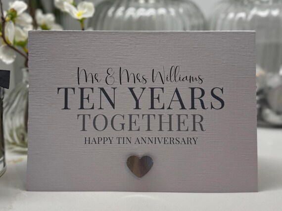 Personalised Ten Year Anniversary Card With Real Tin Heart. 10th