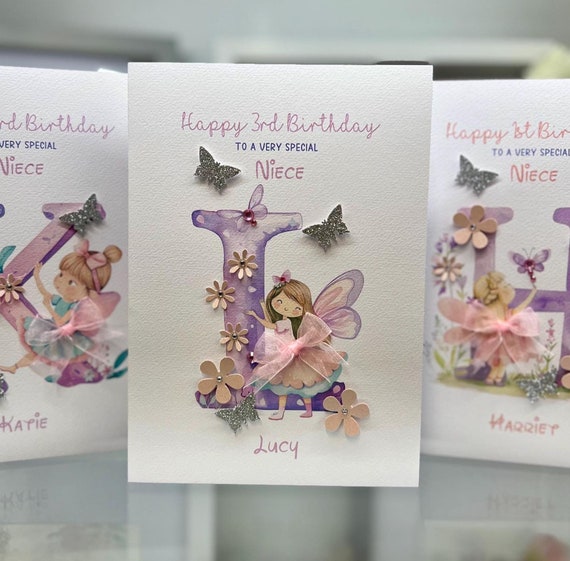 Personalised 3rd, 4th, 5th birthday name card, pretty card, Niece 3rd birthday, Daughter birthday, Fairy birthday, Initial card, 3D Handmade