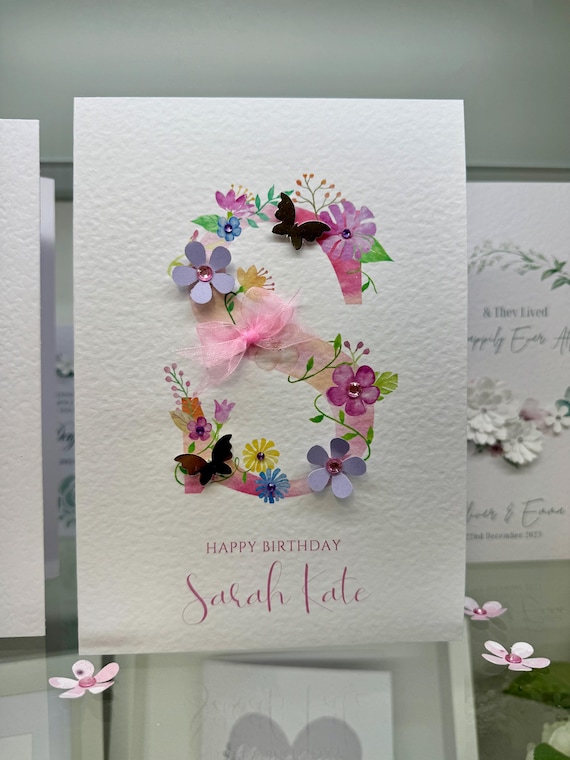 Personalised birthday name card, Granddaughter card, Pretty pink birthday card, Hand decorated with butterflies flowers and gems.