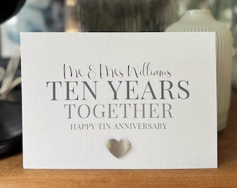 Personalised Ten Year Anniversary Card With Real Tin Heart. 10th Anniversary, Son & Daughter in Law Tenth Anniversary Card. Friends 10th