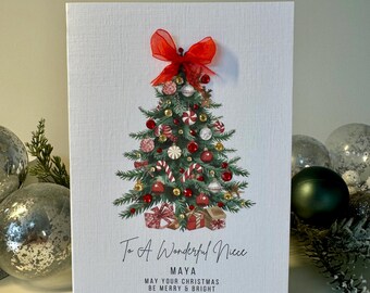 Niece Christmas Card. Handmade Niece Christmas Card. Personalised Christmas Card, 3d Christmas Tree Card With Gems & Red Ribbon, Candy cane