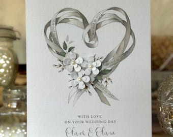 Personalised Handmade  Wedding Card, Pretty Ribbon Heart Card, Wedding Card, Luxury Wedding Card, Friend WeddingBride & Groom Wedding Card