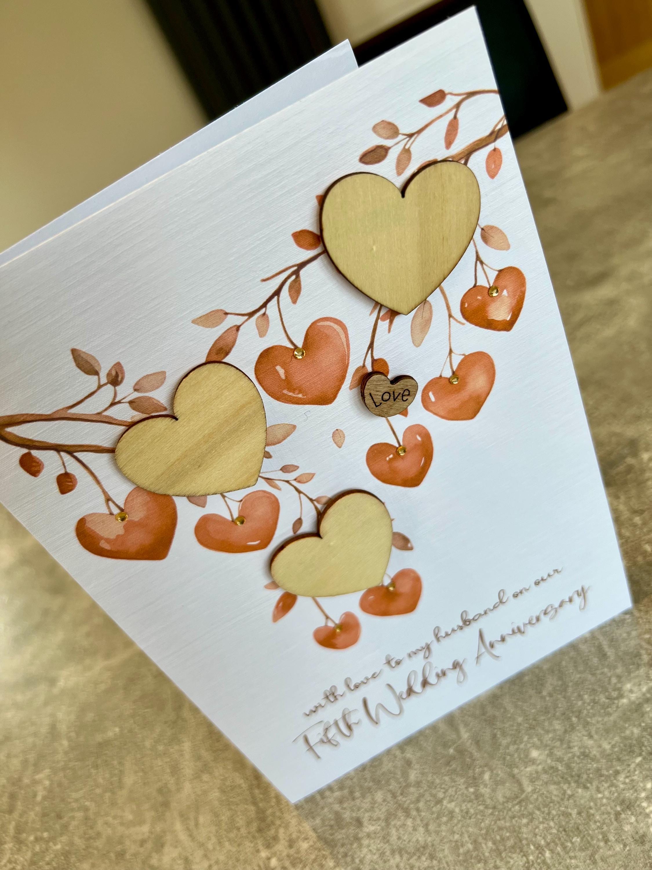 Biglietto per 5° anniversario di matrimonio per moglie, marito, regalo per 5° anniversario, in legno, fatto a mano, regalo per coppia, lei, lui, fidanzato, fidanzata