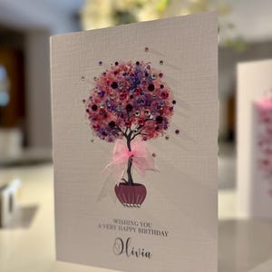 Carte d'anniversaire personnalisée, jolie carte, anniversaire de fille, anniversaire d'ami, anniversaire de soeur, carte de visite, carte faite main, arbre rose orné de bijoux.