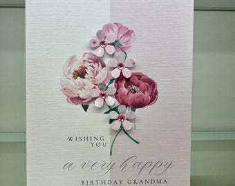 Personalised birthday card, pretty pink card with paper flowers and gems. Daughter birthday, Grandma, Nana, Mom, Sister birthday, any name