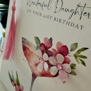 Carte d'anniversaire fille âge cocktail 30e, 40e, 50e, 60e, tout âge, carte d'anniversaire fille, jolie carte, pierres précieuses, pompon, papillon, ajouter l'âge