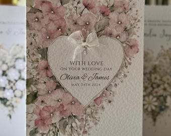 Biglietto di nozze personalizzato fatto a mano, biglietto di nozze di lusso, biglietto di nozze primaverile, biglietto per sposi, tema matrimonio rosa antico, biglietto speciale.