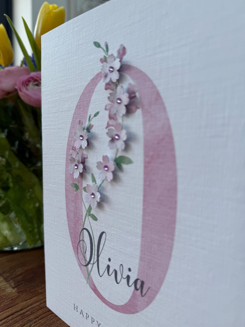 Carte d'anniversaire personnalisée, jolie carte, anniversaire de fille, anniversaire d'ami, anniversaire de soeur, carte initiale, embelli 3D, fait main image 3