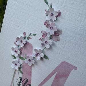 Peut inclure: Carte de v&oelig;ux avec un grand &laquo; M &raquo; rose et le mot &laquo; Happy &raquo; en bas. De d&eacute;licates fleurs en papier avec des centres violets et des feuilles vertes sont dispos&eacute;es le long de la lettre. Le fond est une surface textur&eacute;e blanc cass&eacute;.